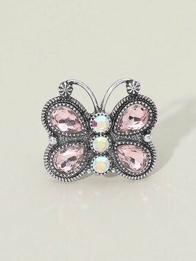 Pink Antique Silver Butterfly Crystal Stretch Cocktail Ring Statement Jewelry